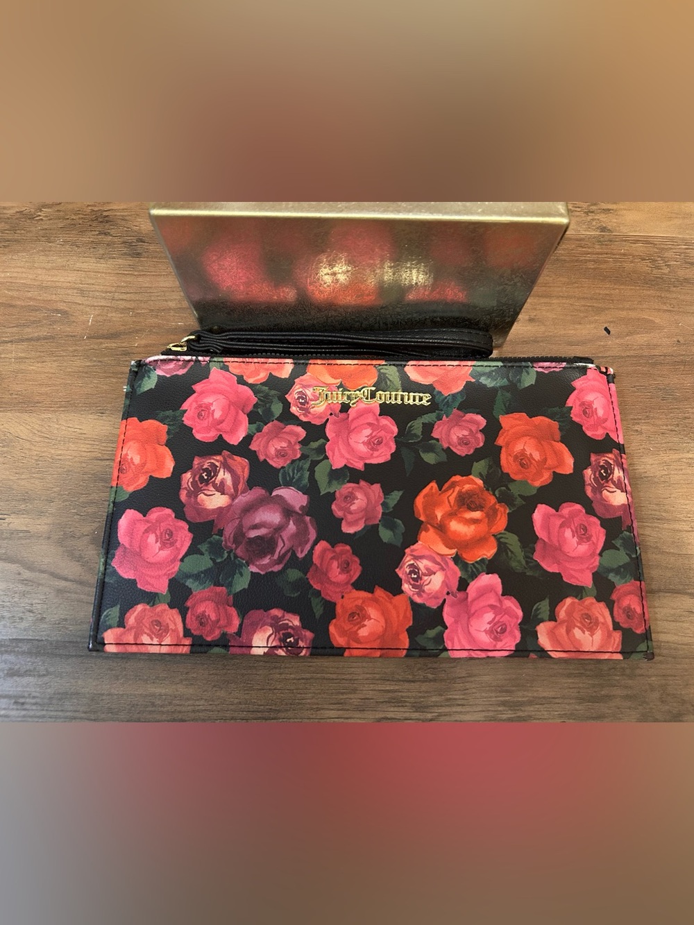 Juicy Couture Black Floral Zip Clutch Wristlet with Pink & Red Roses - Picture 7 of 7